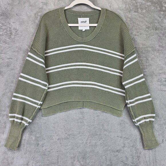 aerie Sweaters - Aerie Sweater Womens XS Green White Stripe V Neck Balloon Sleeve Pullover Knit
